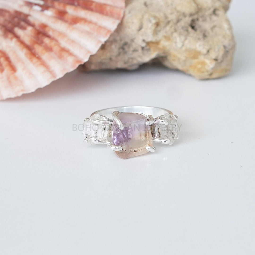 Raw Aquamarine Herkimer Diamond Ring: Sterling Silver Boho Jewelry