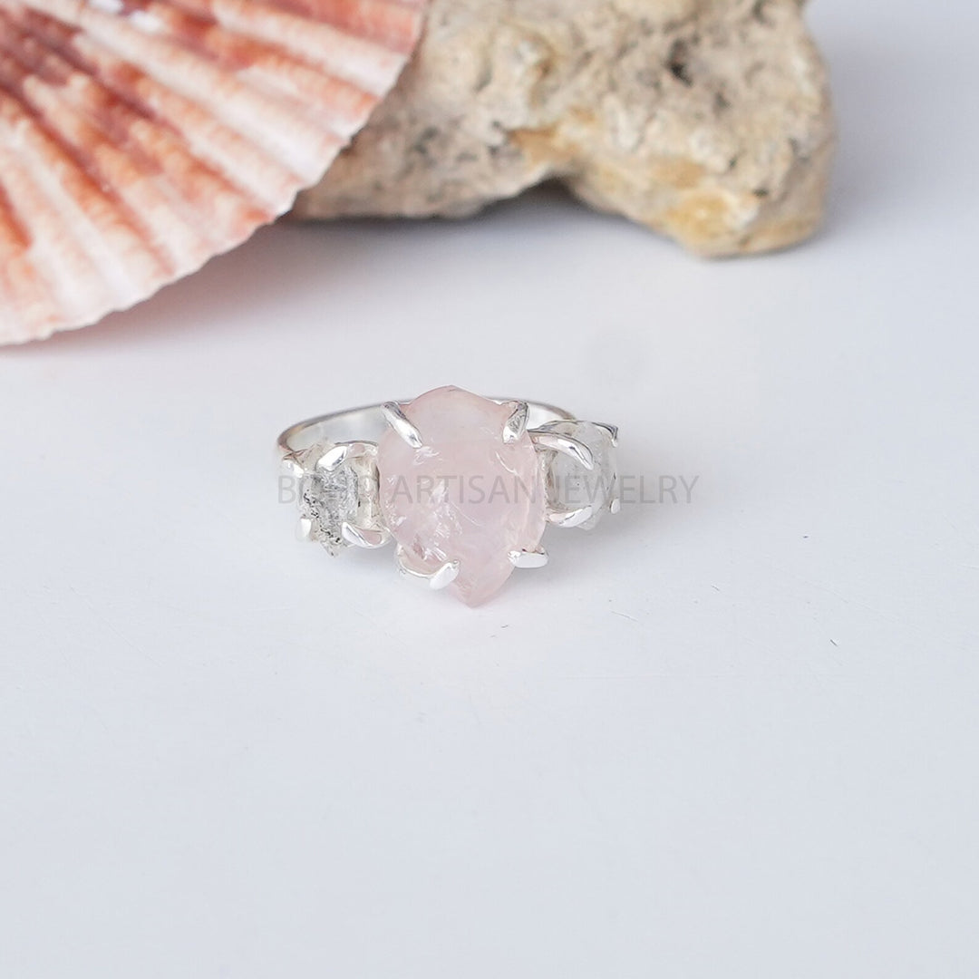 Raw Aquamarine Herkimer Diamond Ring: Sterling Silver Boho Jewelry