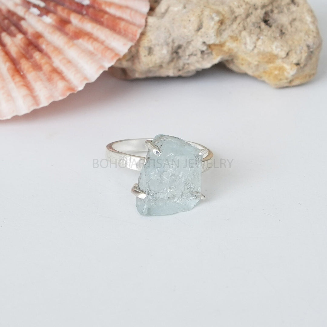 Raw Aquamarine Ring: Sterling Silver Textured Band, March Birthstone