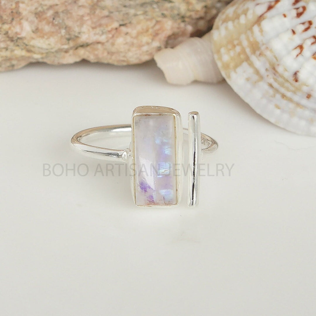 Moonstone Cabochon Ring: Adjustable Sterling Silver, Handmade Boho Jewelry