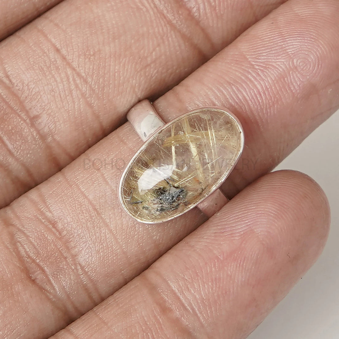 Natural Golden Rutile Quartz Ring, Oval Shape Rutile Ring, Rutilated Quartz Cabochon Ring, Handmade Ring, Boho Ring, Birthstone Ring, Gift.