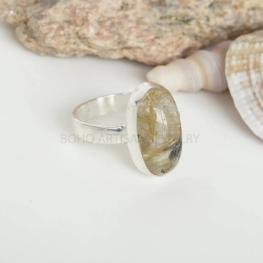 Natural Golden Rutile Quartz Ring, Oval Shape Rutile Ring, Rutilated Quartz Cabochon Ring, Handmade Ring, Boho Ring, Birthstone Ring, Gift.