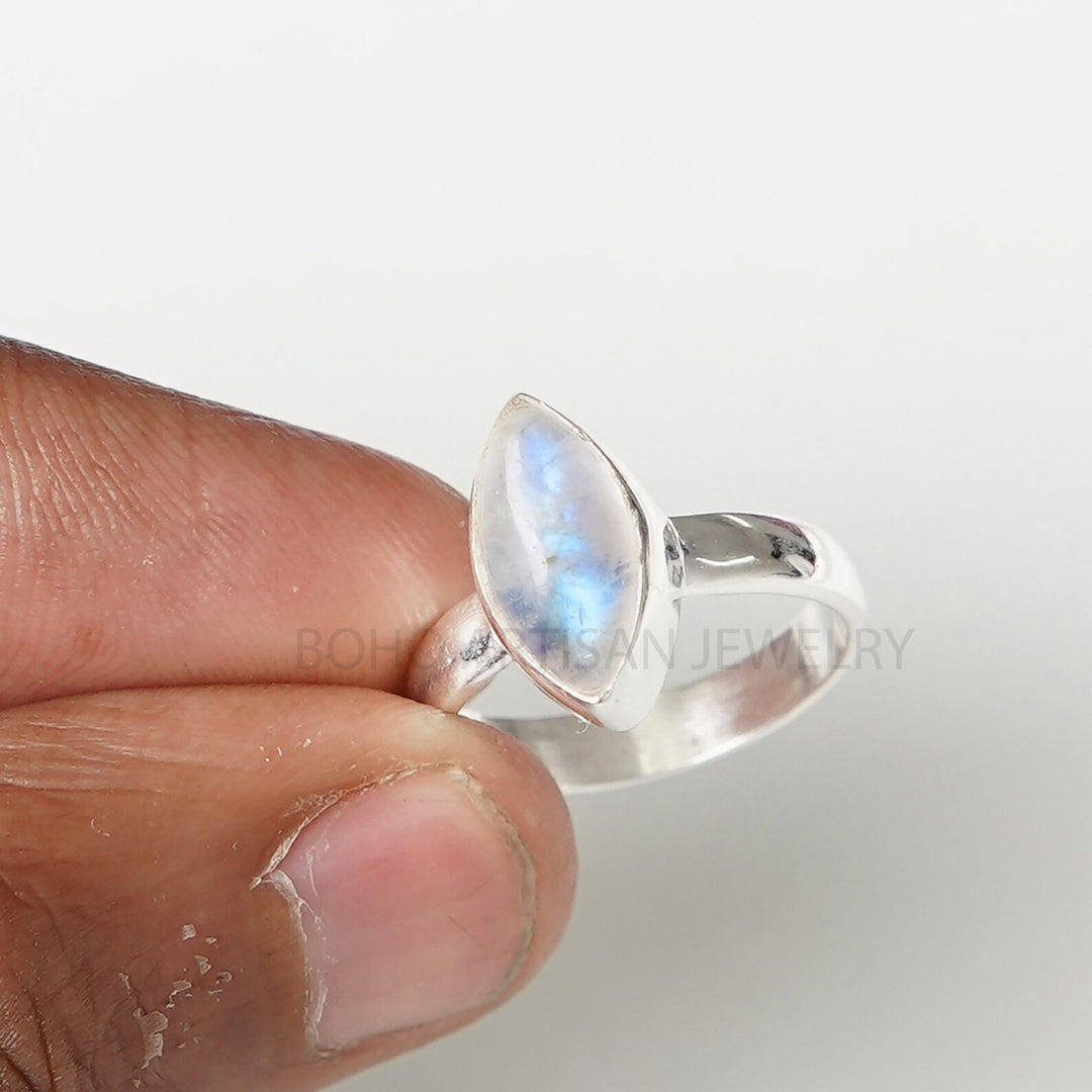 Marquise Moonstone Ring: Blue Flash Sterling Silver, July Birthstone