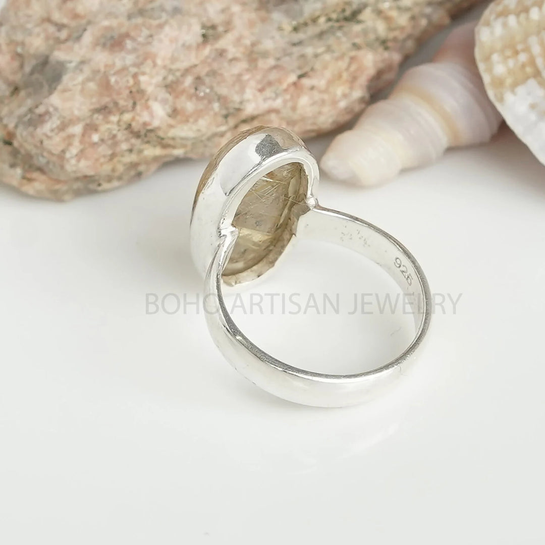 Natural Golden Rutile Quartz Ring, Oval Shape Rutile Ring, Rutilated Quartz Cabochon Ring, Handmade Ring, Boho Ring, Birthstone Ring, Gift.