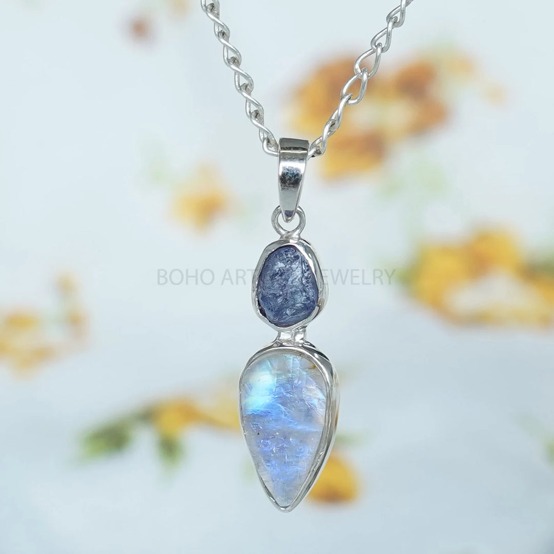Raw Moonstone Tanzanite Pendant: Sterling Silver Two Stone Jewelry