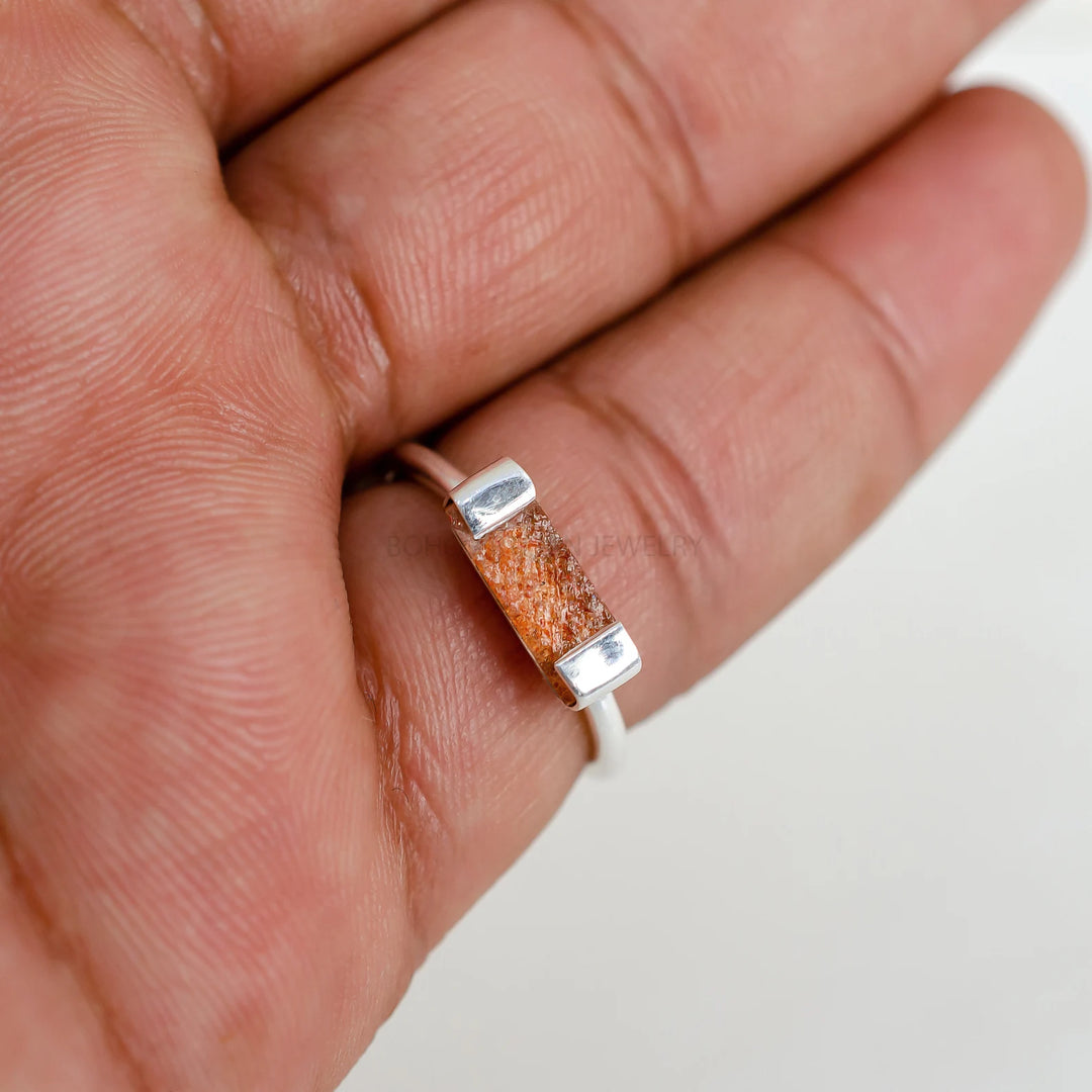 Raw Sunstone Bar Ring: Sterling Silver Boho Jewelry