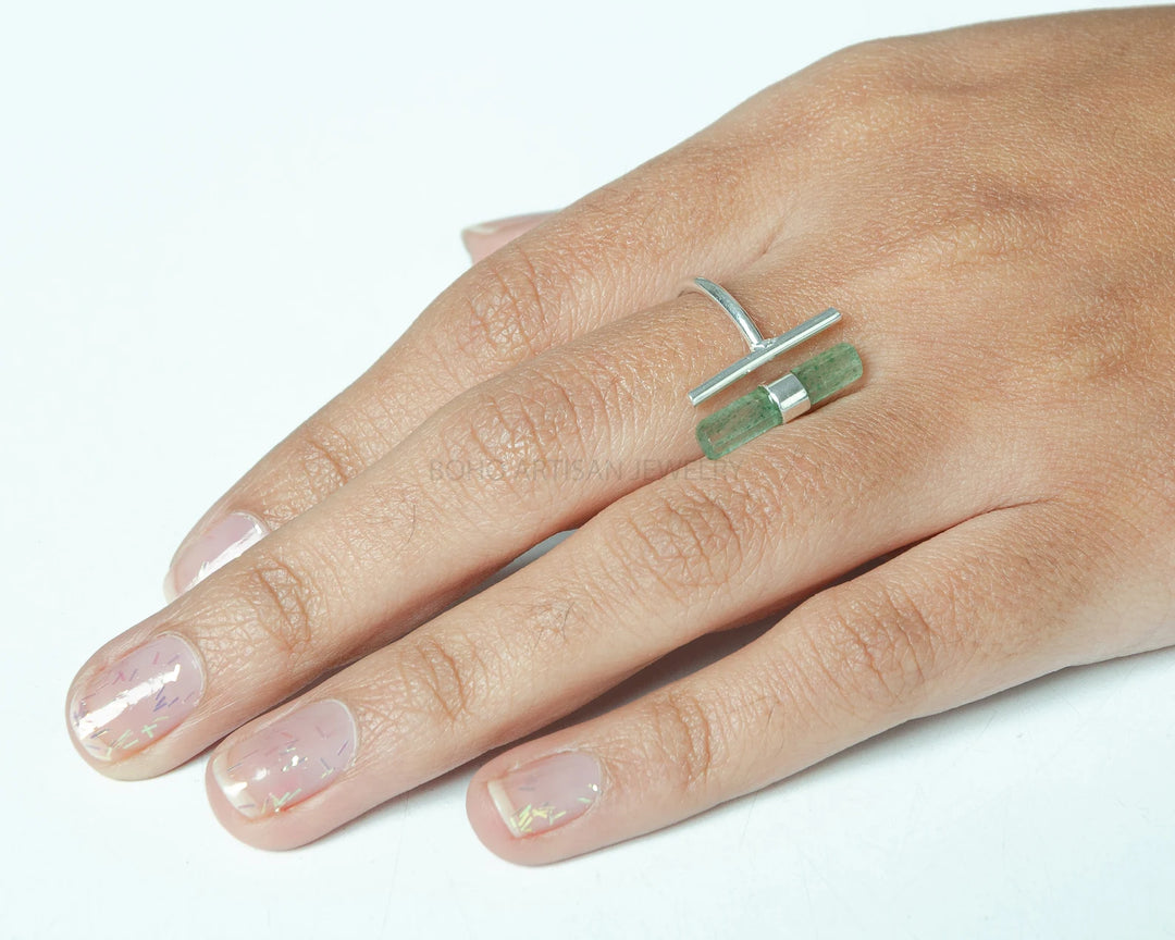 Raw Green Strawberry Quartz Ring: Sterling Silver Boho Ring