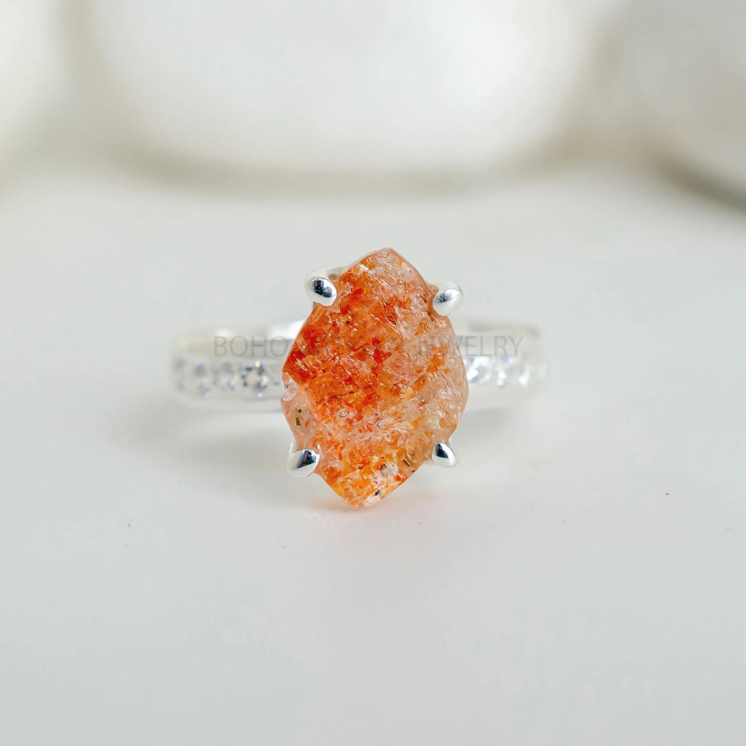 Raw Aquamarine Ring: Sterling Silver & CZ Accent Band