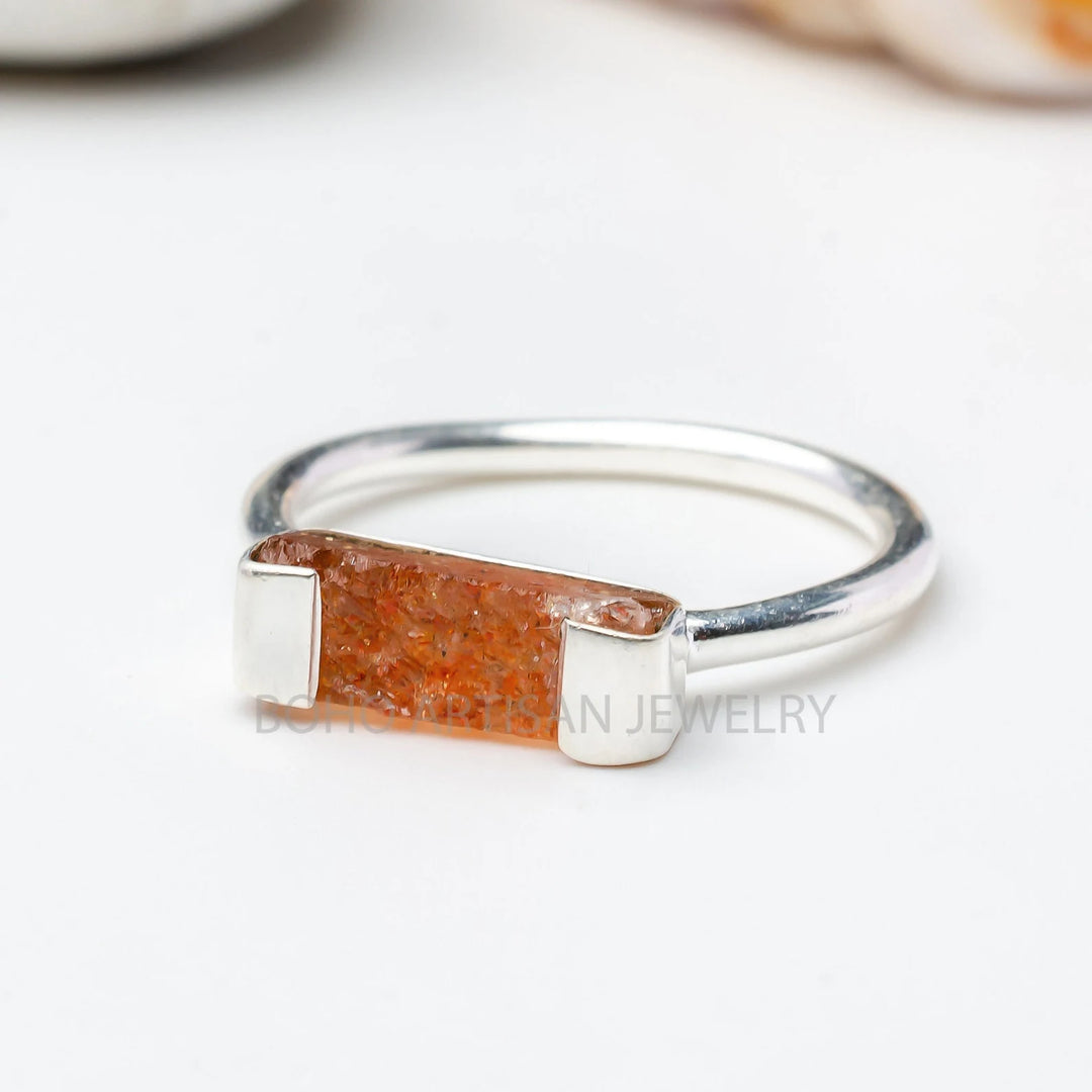 Raw Sunstone Bar Ring: Sterling Silver Boho Jewelry