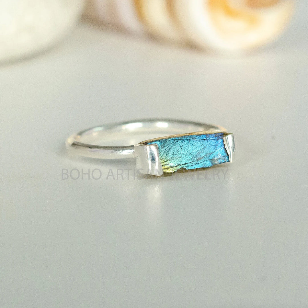 Raw Sunstone Bar Ring: Sterling Silver Boho Jewelry