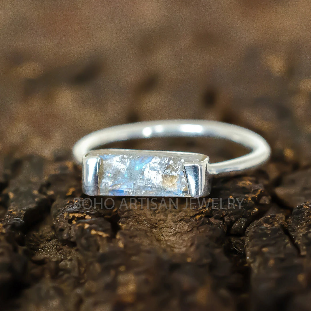 Raw Sunstone Bar Ring: Sterling Silver Boho Jewelry