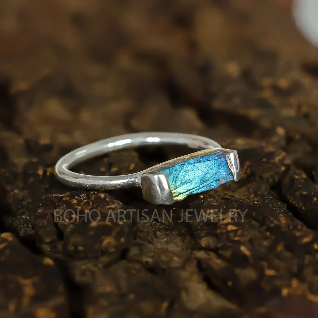 Raw Sunstone Bar Ring: Sterling Silver Boho Jewelry