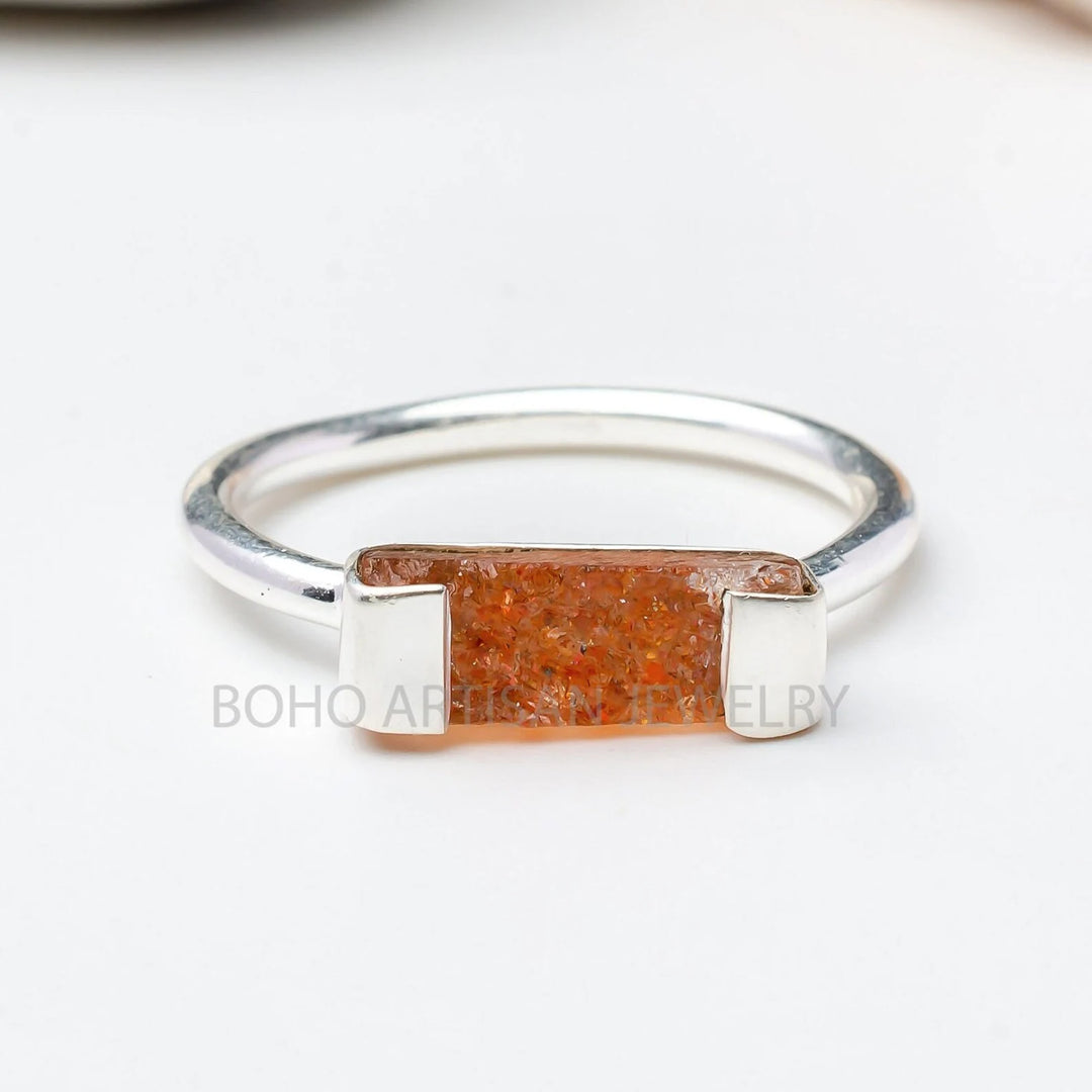 Raw Sunstone Bar Ring: Sterling Silver Boho Jewelry