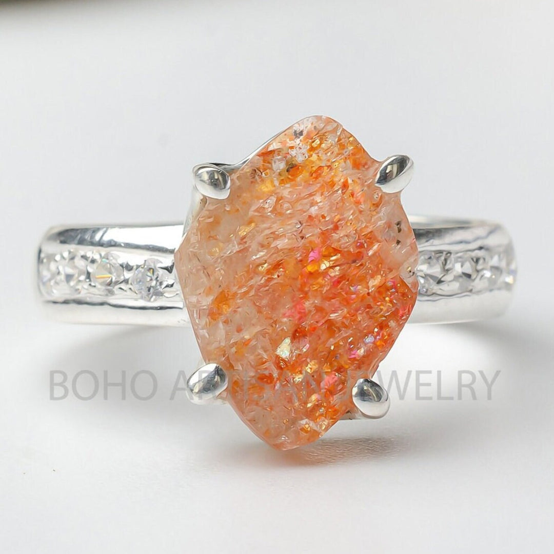 Raw Sunstone Ring: 925 Sterling Silver, Handmade Boho Jewelry
