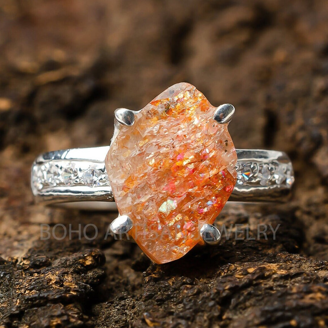 Raw Sunstone Ring: 925 Sterling Silver, Handmade Boho Jewelry