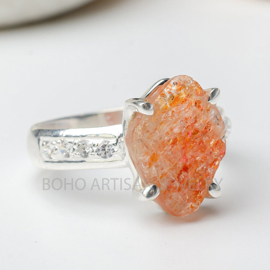 Raw Sunstone Ring: 925 Sterling Silver, Handmade Boho Jewelry