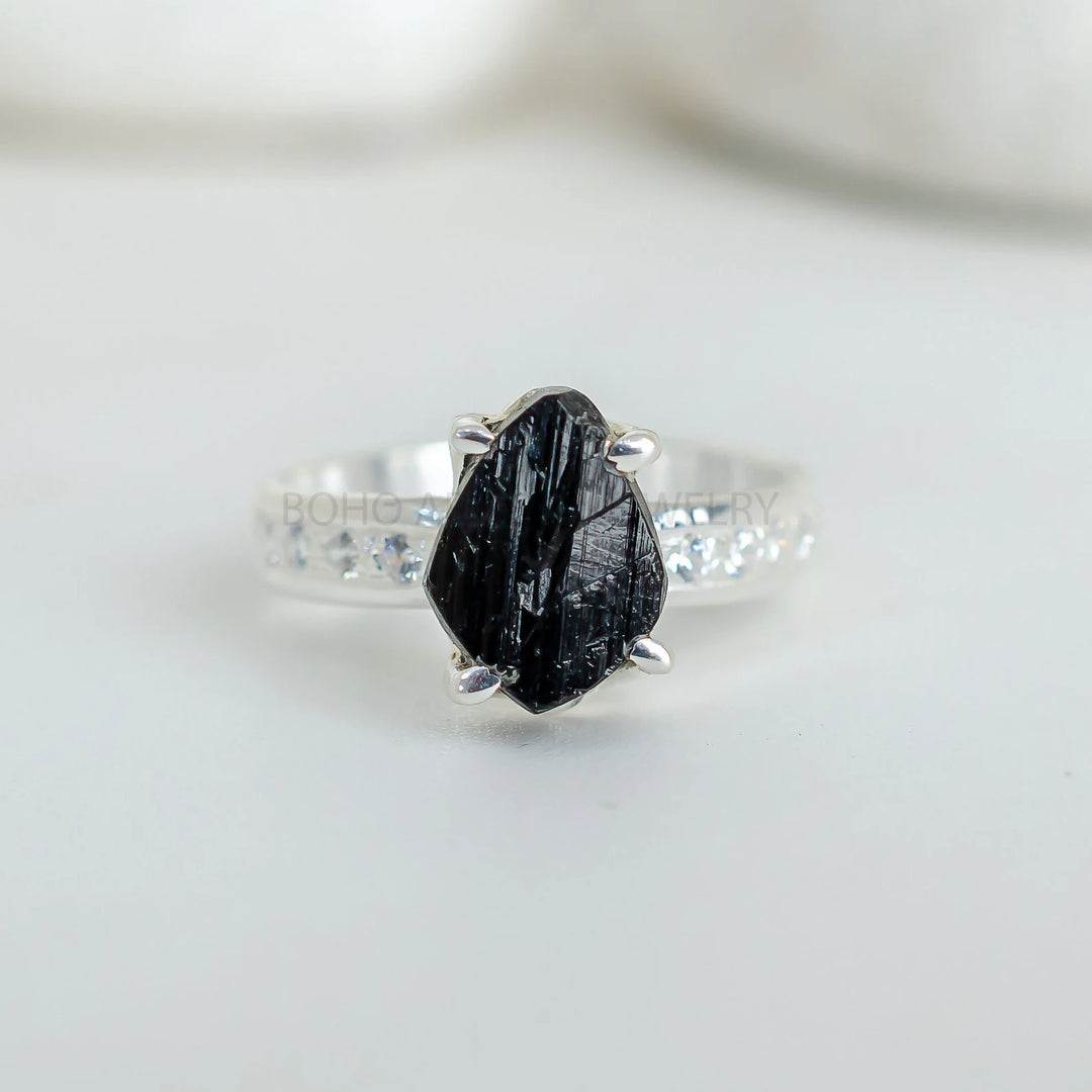 Raw Aquamarine Ring: Sterling Silver & CZ Accent Band