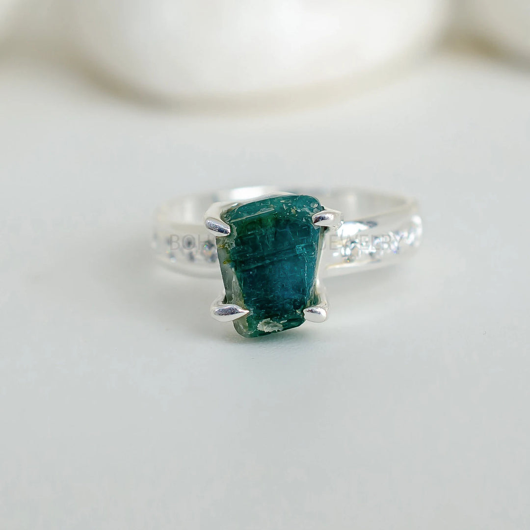 Raw Aquamarine Ring: Sterling Silver & CZ Accent Band
