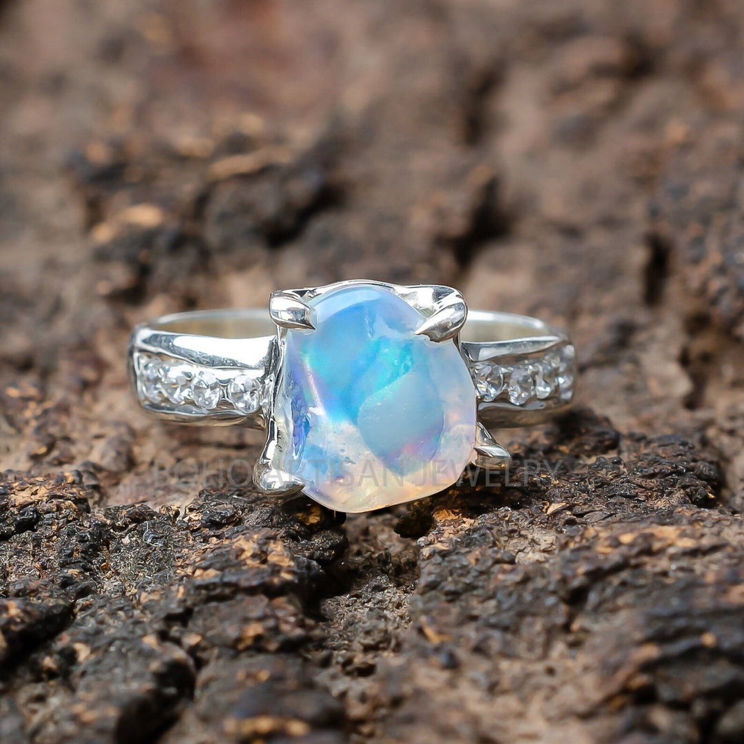 Raw Aquamarine Sterling Silver Ring: Rough Stone & CZ Accent