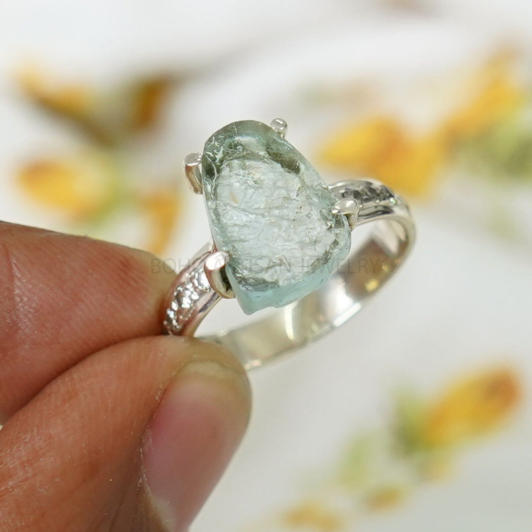 Raw Aquamarine Sterling Silver Ring: Rough Stone & CZ Accent