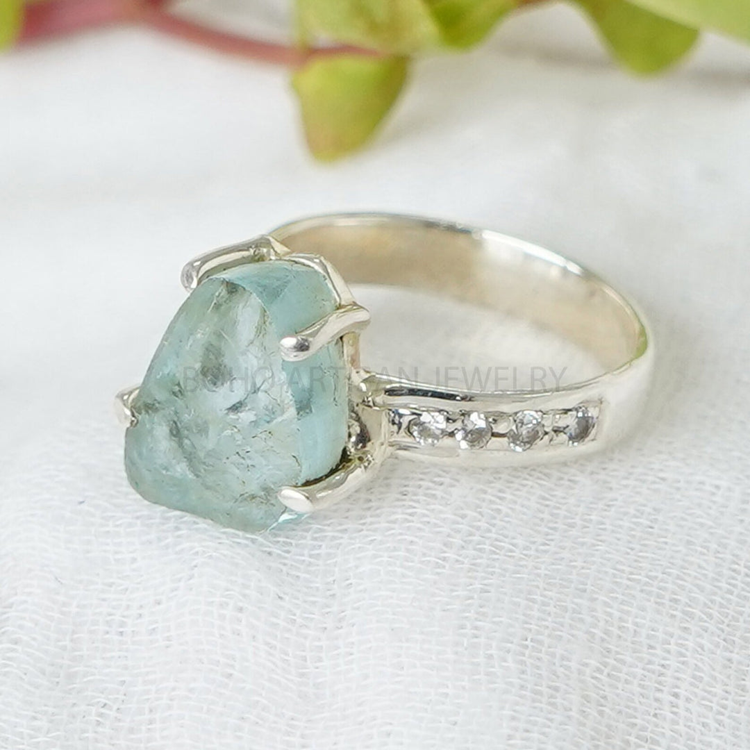 Raw Aquamarine Sterling Silver Ring: Rough Stone & CZ Accent