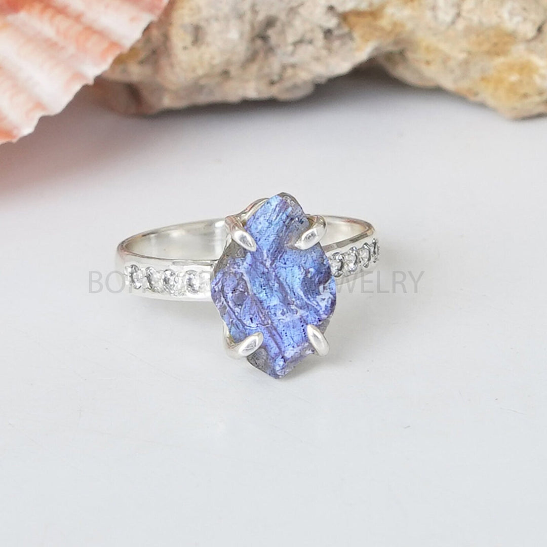 Raw Aquamarine Sterling Silver Ring: Rough Stone & CZ Accent