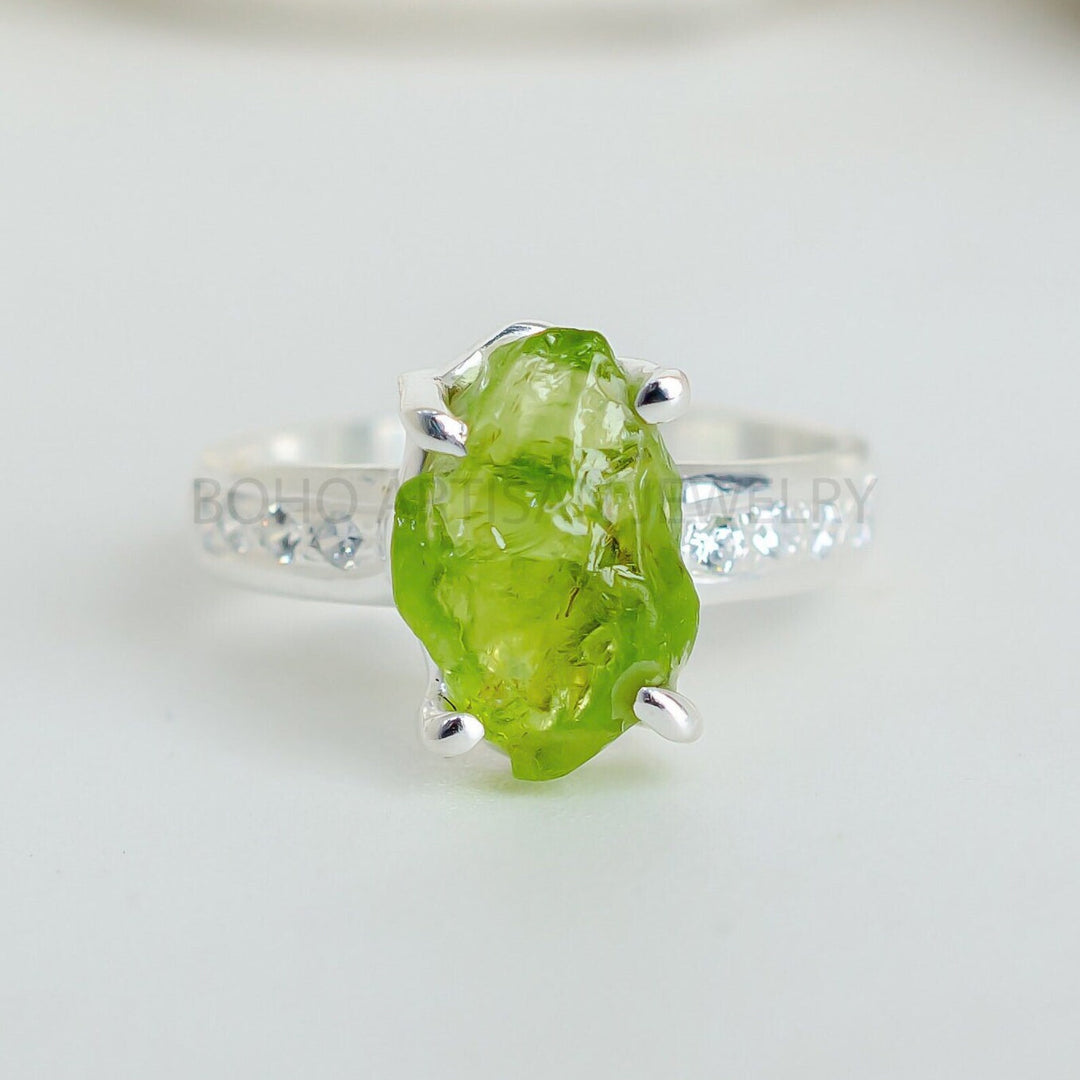 Raw Aquamarine Sterling Silver Ring: Rough Stone & CZ Accent