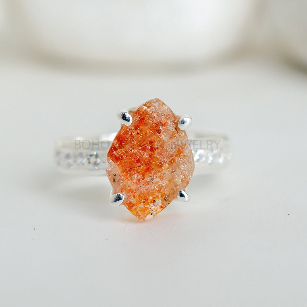 Raw Aquamarine Sterling Silver Ring: Rough Stone & CZ Accent