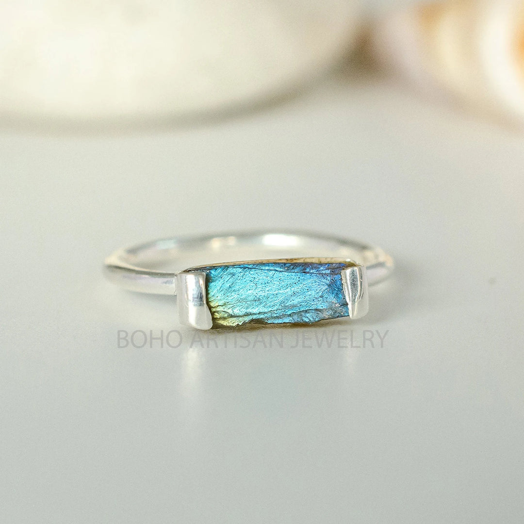 Raw Sunstone Bar Ring: Sterling Silver Boho Jewelry