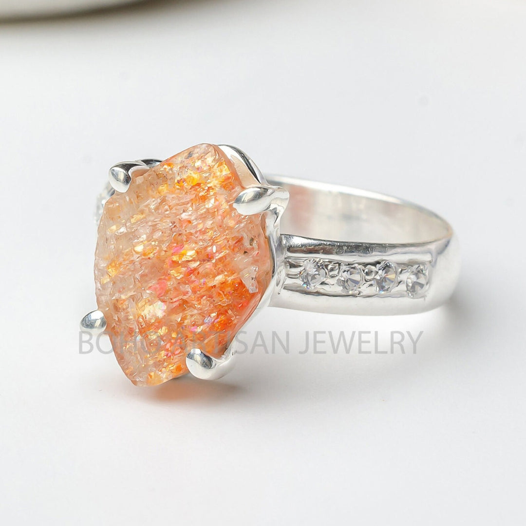 Raw Sunstone Ring: 925 Sterling Silver, Handmade Boho Jewelry
