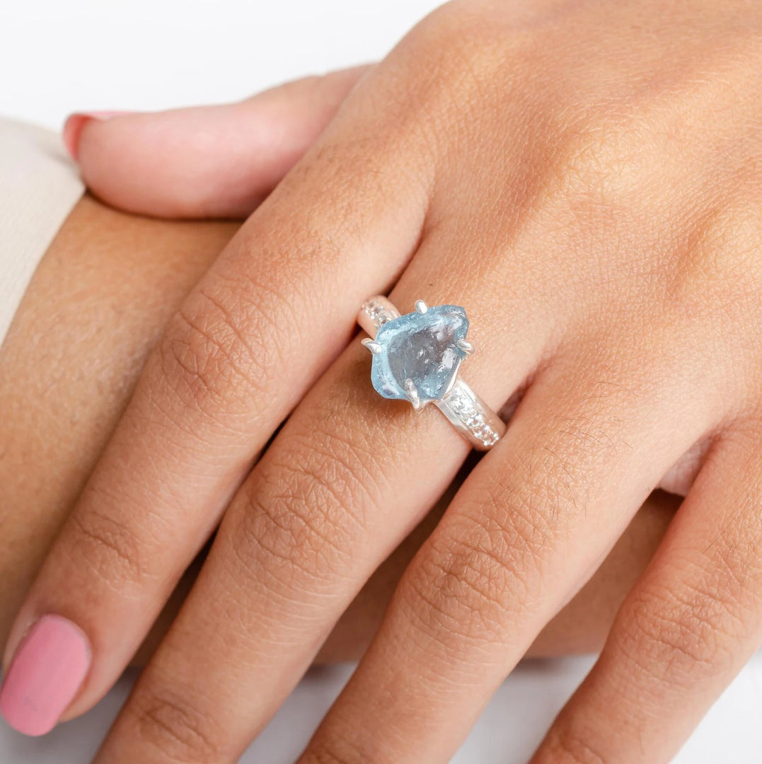 Raw Aquamarine Ring: Sterling Silver & CZ Accent Band