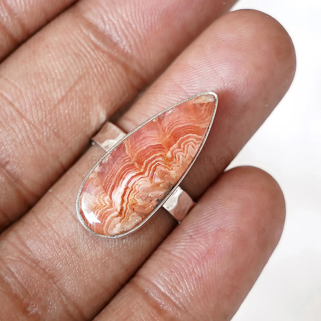 Rhodochrosite Cabochon Ring: Sterling Silver Hammered Band, Boho Jewelry