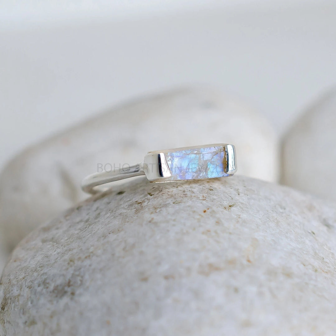 Raw Moonstone Bar Ring: Sterling Silver Stackable Jewelry