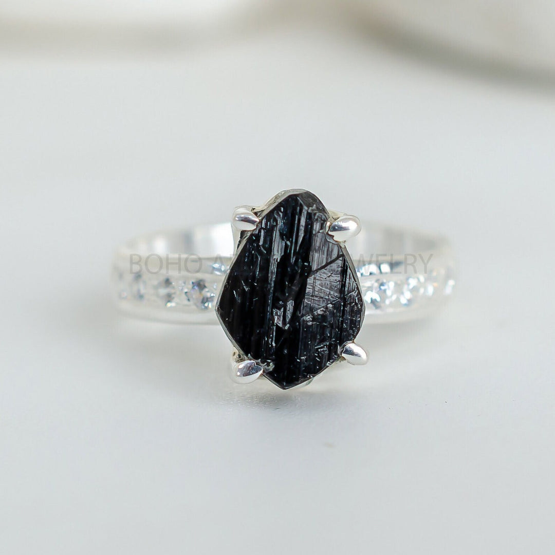 Raw Aquamarine Sterling Silver Ring: Rough Stone & CZ Accent