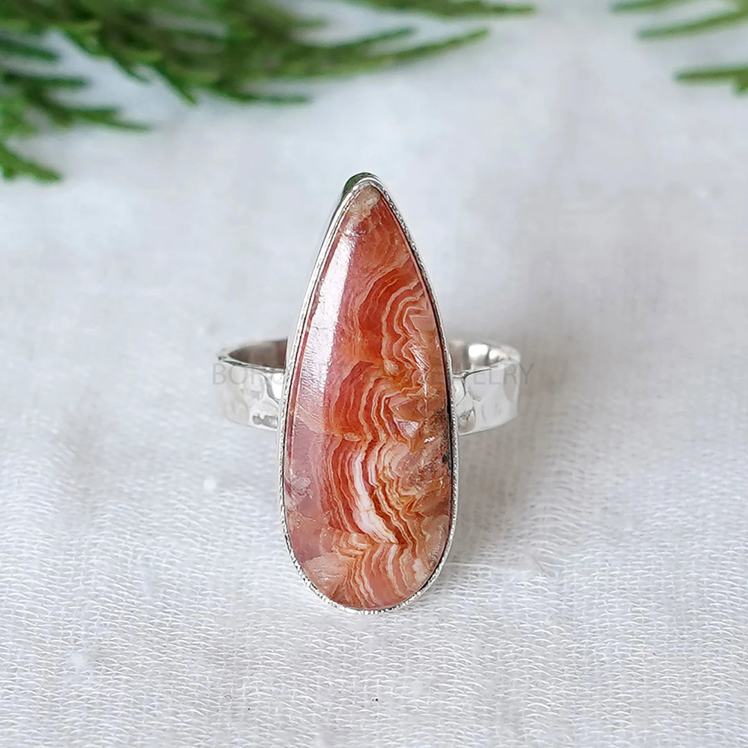 Rhodochrosite Cabochon Ring: Sterling Silver Hammered Band, Boho Jewelry