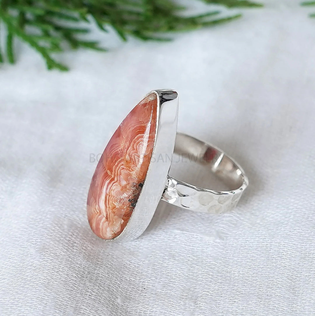 Rhodochrosite Cabochon Ring: Sterling Silver Hammered Band, Boho Jewelry