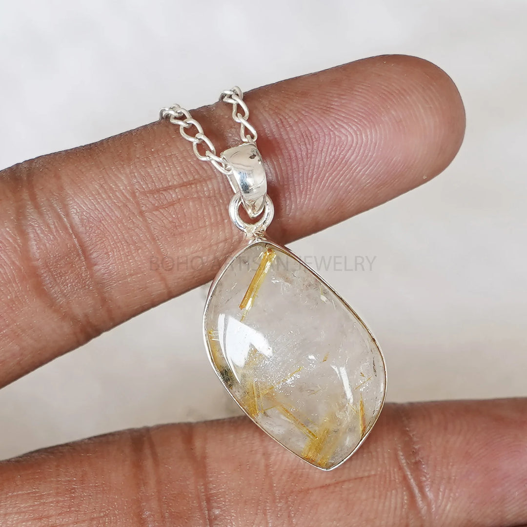 Golden Rutile Quartz Pendant, Natural Rutile Quartz Pendant, Rutilated Quartz Cabochon Ring, Handmade Ring, Boho Ring, Birthstone Ring, Gift