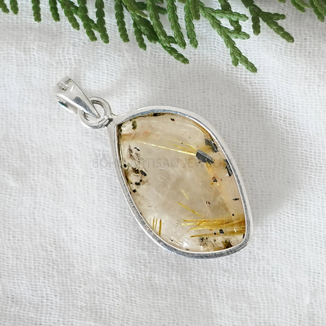 Golden Rutile Quartz Pendant, Natural Rutile Quartz Pendant, Rutilated Quartz Cabochon Ring, Handmade Ring, Boho Ring, Birthstone Ring, Gift