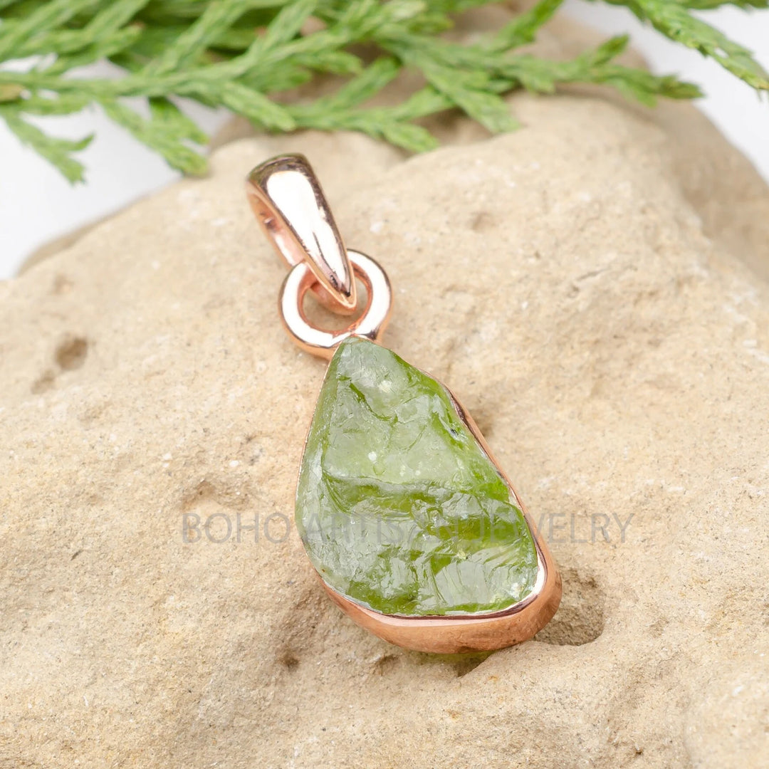 Raw Peridot Pendant: Rose Gold Plated Sterling Silver Necklace