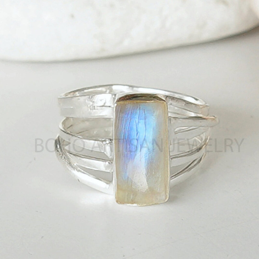 Rainbow Moonstone Ring: Sterling Silver Twisted Band, June Birthstone