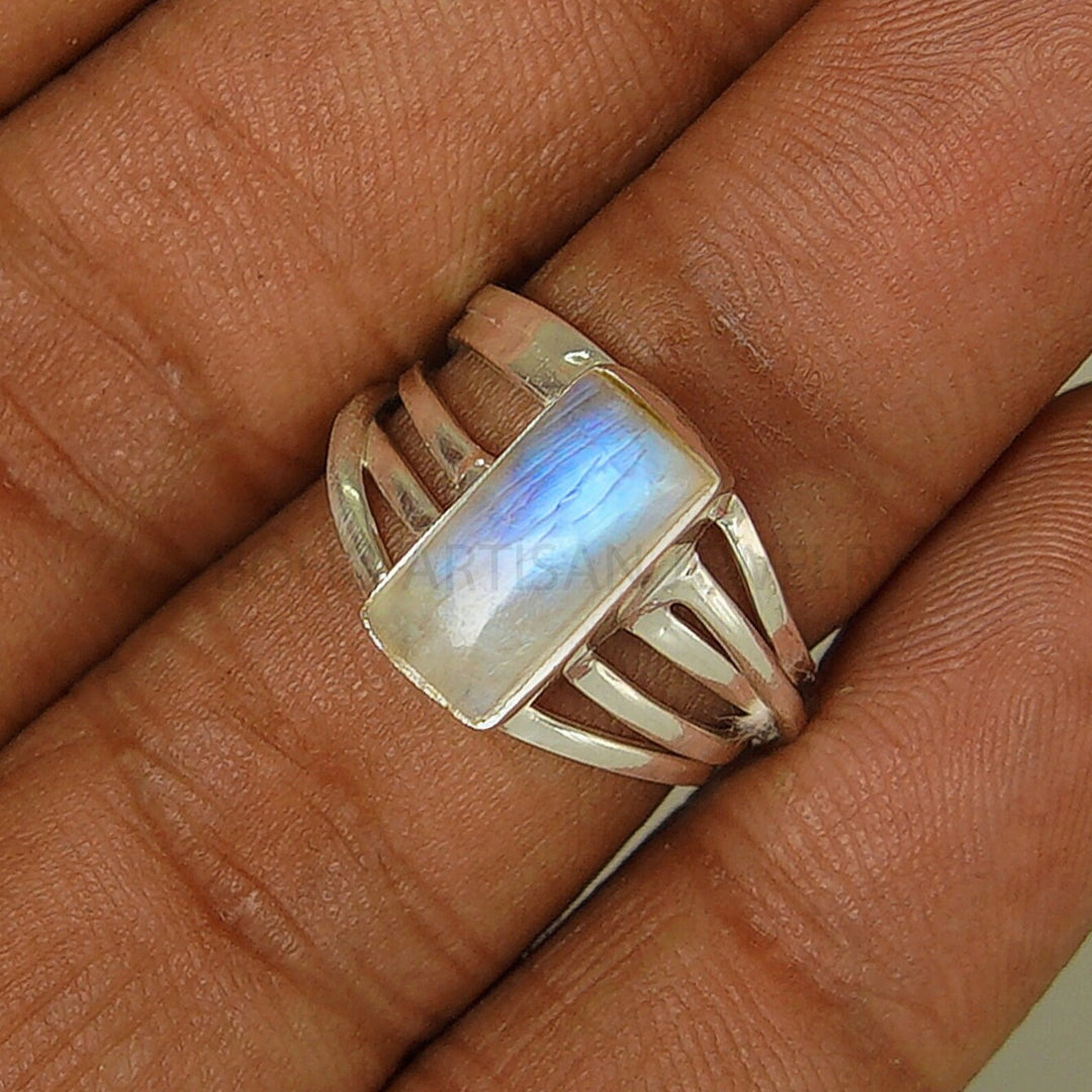 Rainbow Moonstone Ring: Sterling Silver Twisted Band, June Birthstone