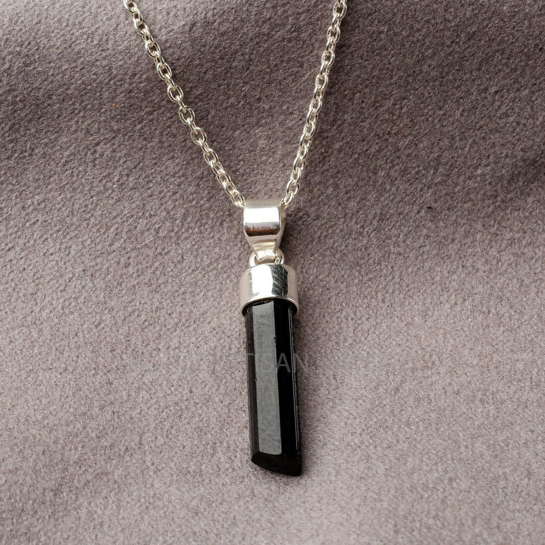 Raw Black Tourmaline Pendant Necklace: Sterling Silver Bar, Protection Jewelry