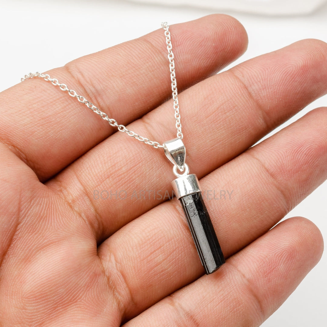 Raw Black Tourmaline Pendant Necklace: Sterling Silver Bar, Protection Jewelry