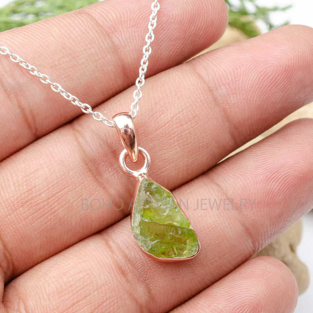 Raw Peridot Pendant: Rose Gold Plated Sterling Silver Necklace