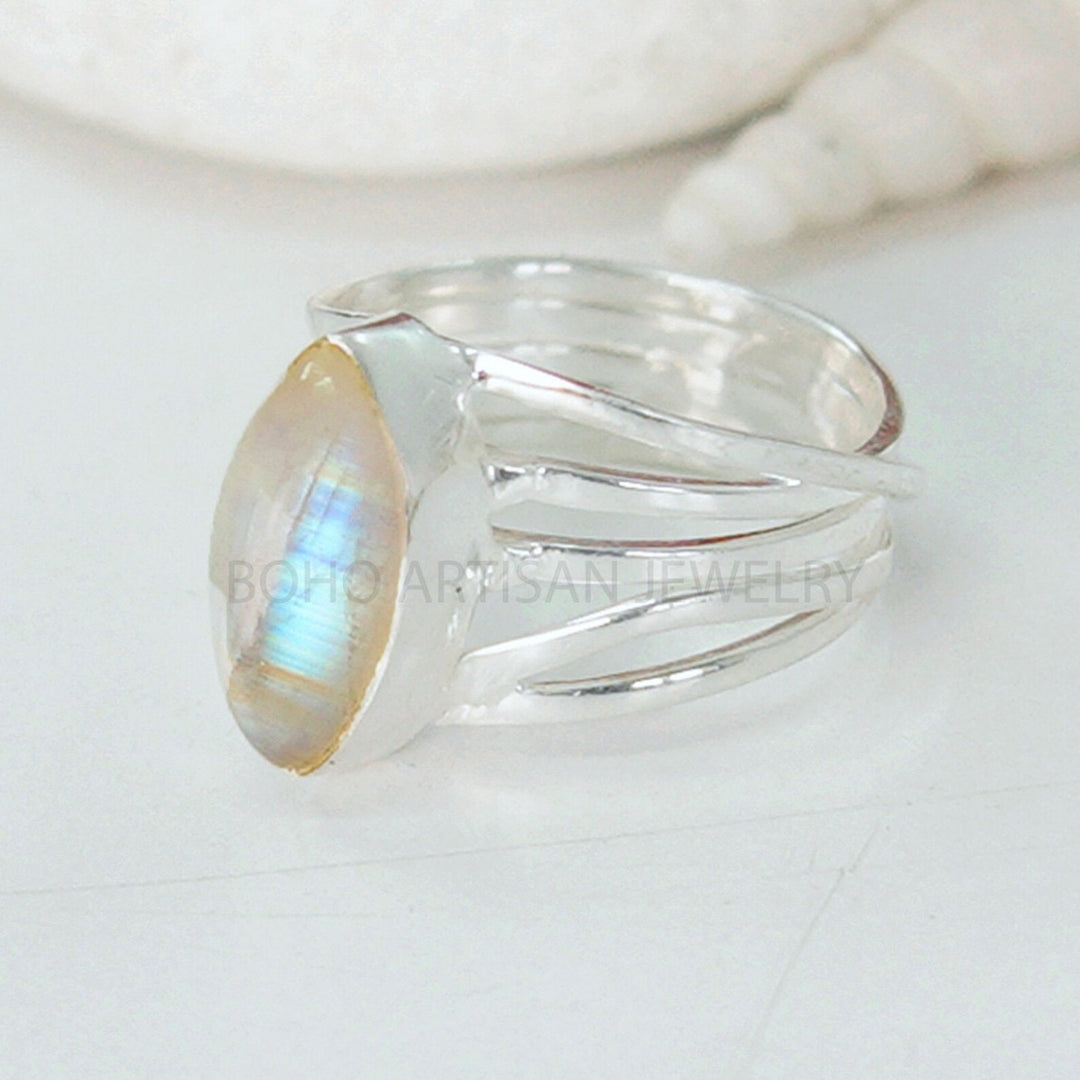Rainbow Moonstone Ring: Sterling Silver Twisted Band, June Birthstone