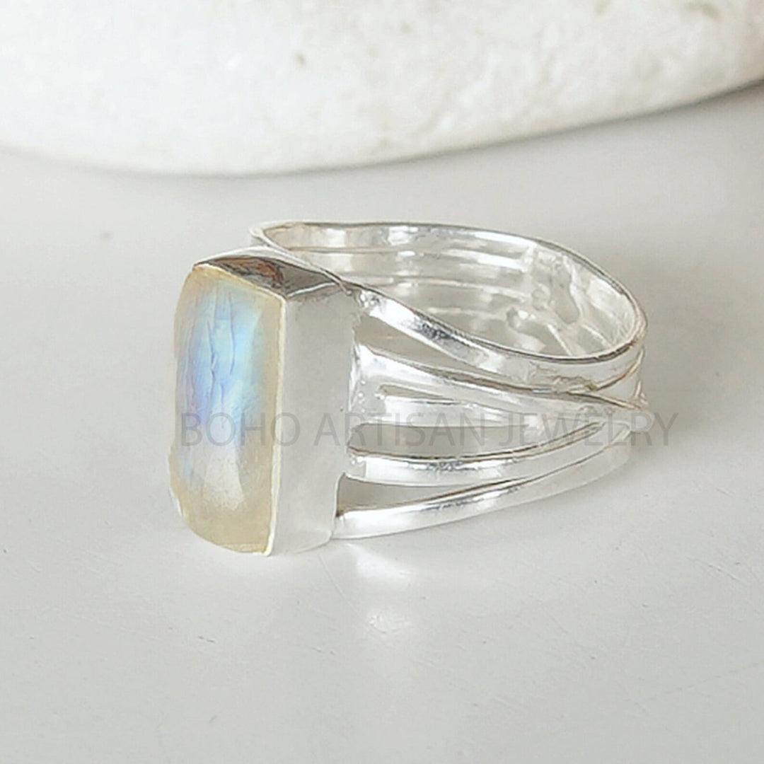 Rainbow Moonstone Ring: Sterling Silver Twisted Band, June Birthstone