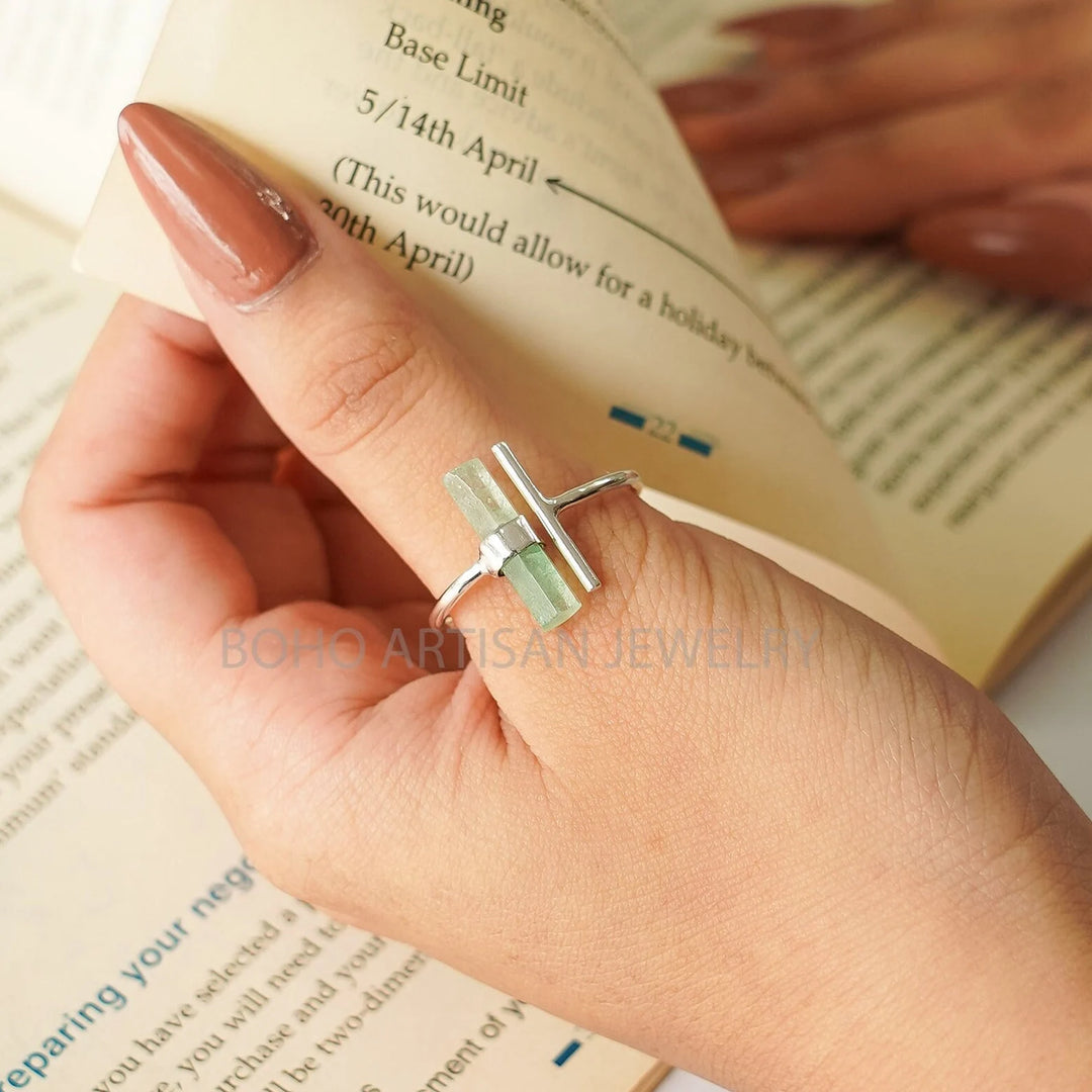 Raw Green Strawberry Quartz Ring: Sterling Silver Boho Ring