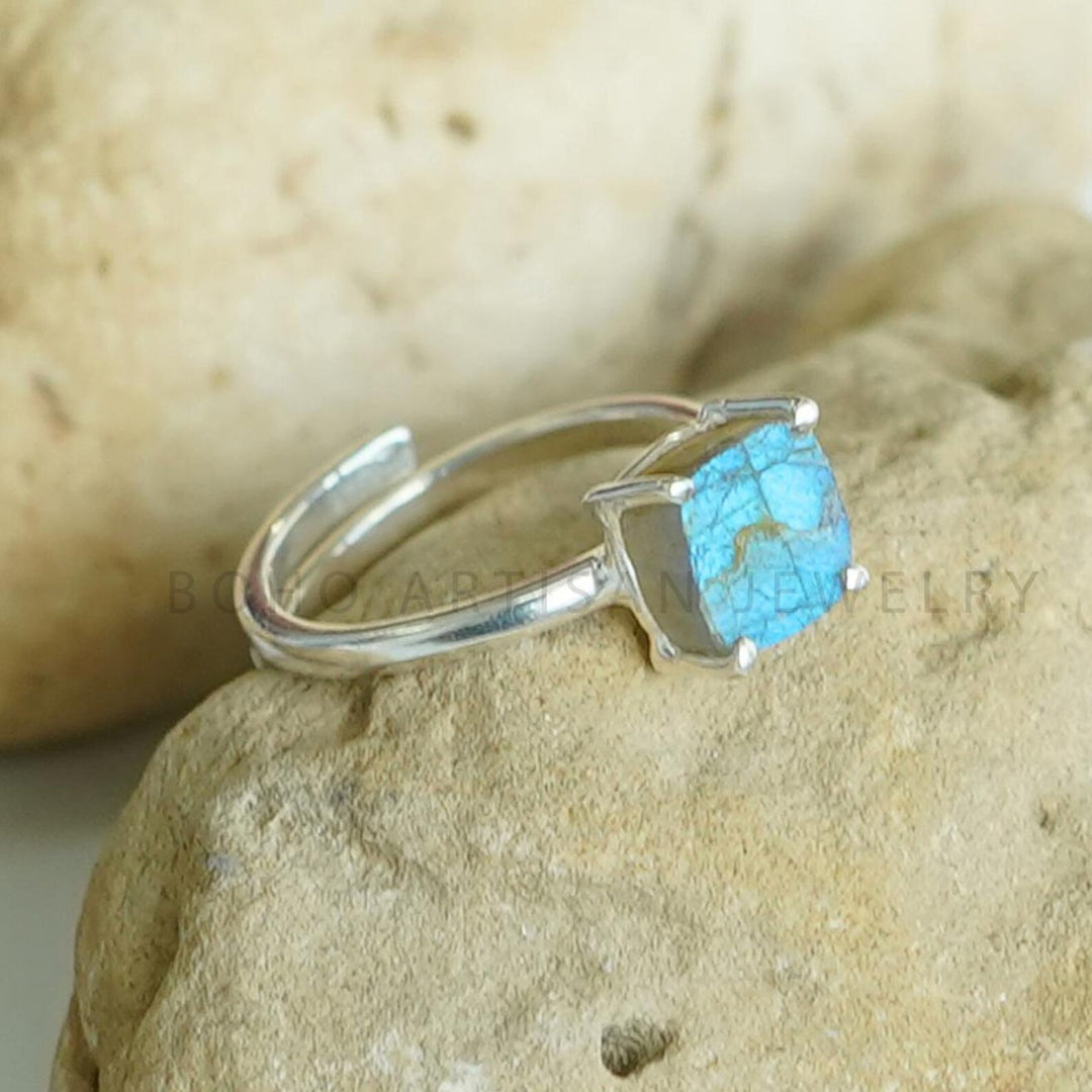 Raw Labradorite Sterling Silver Ring: Adjustable Boho Crystal Jewelry
