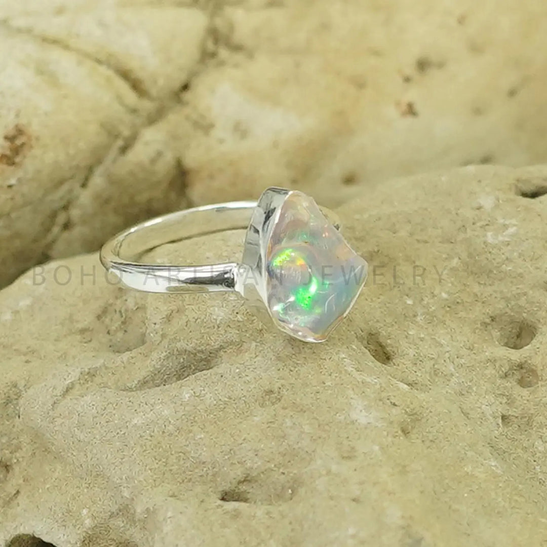 Raw Ethiopian Opal Ring: Sterling Silver Boho Jewelry