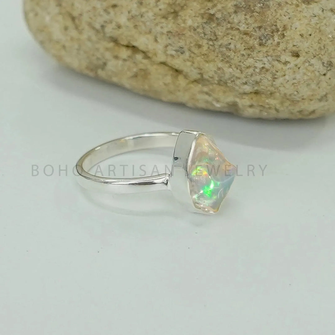 Raw Ethiopian Opal Ring: Sterling Silver Boho Jewelry